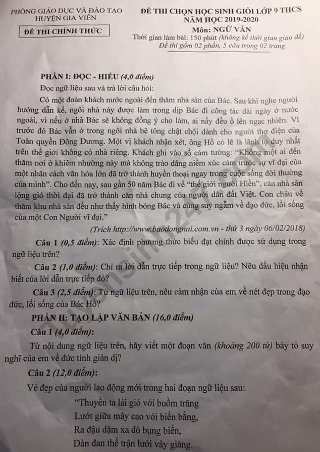 De thi chon HSG lop 9 mon Van 2020 - huyen Gia Vien