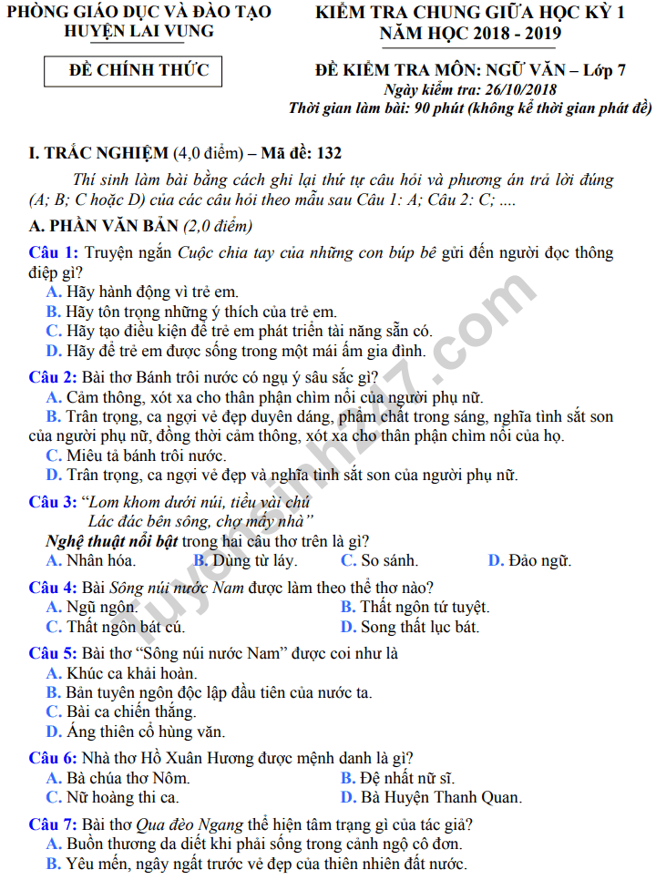 De thi giua ki 1 lop 7 mon Van huyen Lai Vung 2018 - 2019