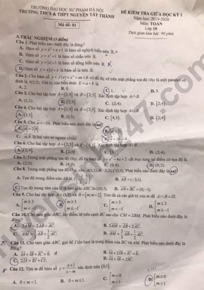 De thi giua ki 1 lop 10 mon Toan THCS & THPT Nguyen Tat Thanh 2019