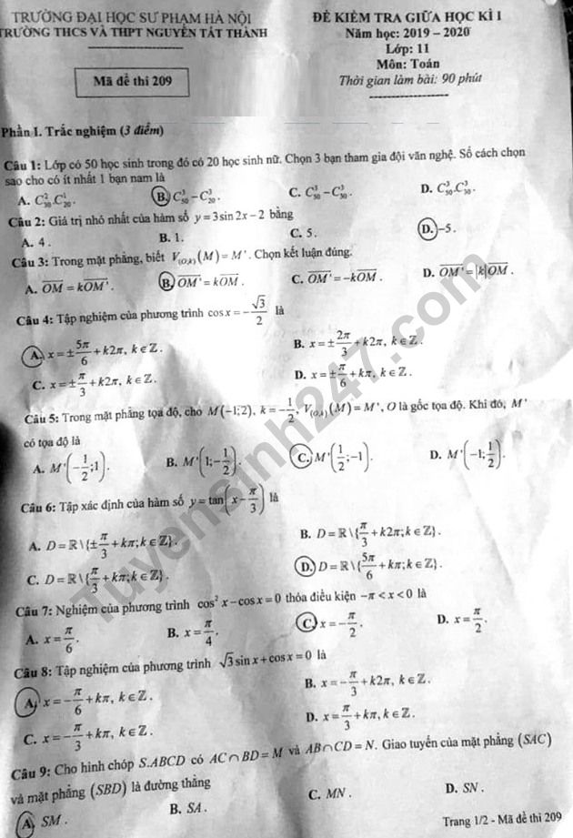 De thi giua ki 1 mon Toan lop 11 THCS THPT Nguyen Tat Thanh 2019