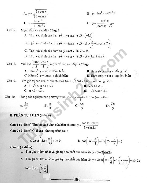 De thi giua ki 1 lop 11 mon Toan THPT Tran Phu 2019
