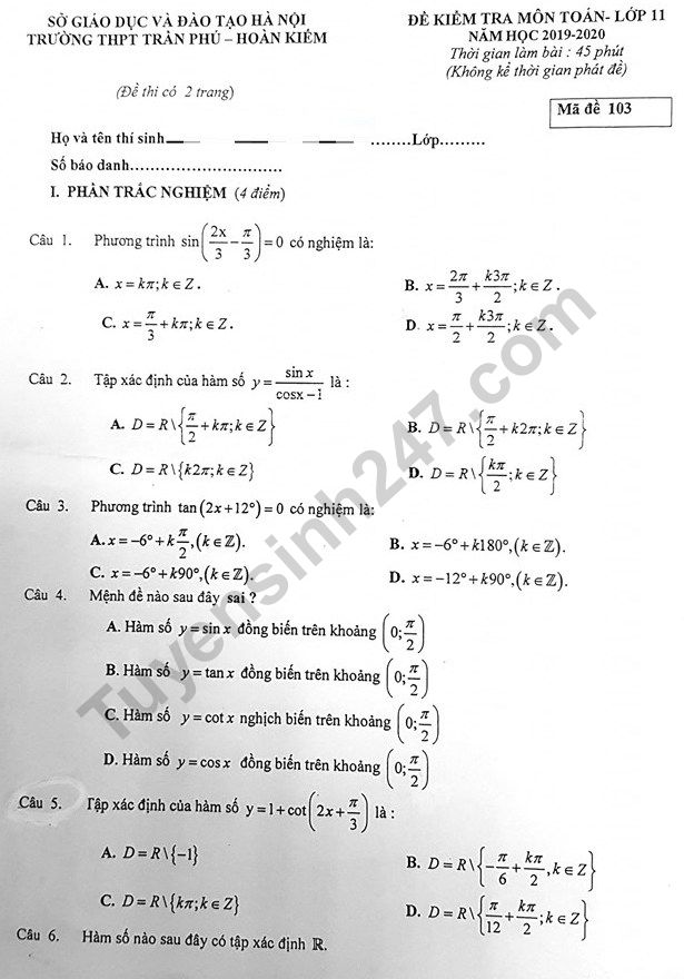 De thi giua ki 1 lop 11 mon Toan THPT Tran Phu 2019