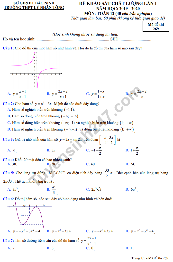 De thi giua ki 1 lop 12 mon Toan 2019 - THPT Ly Nhan Tong