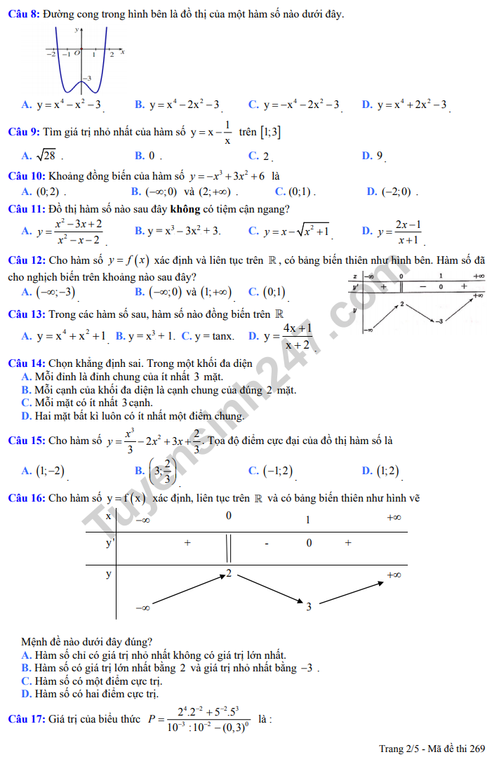De thi giua ki 1 lop 12 mon Toan 2019 - THPT Ly Nhan Tong