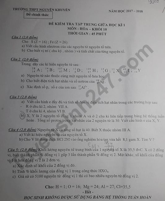 De thi giua ki 1 lop 10 mon Hoa - THPT Nguyen Khuyen 2018