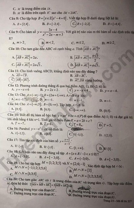 De thi giua hoc ki 1 mon Toan lop 10 - THPT Thuong Cat 2019