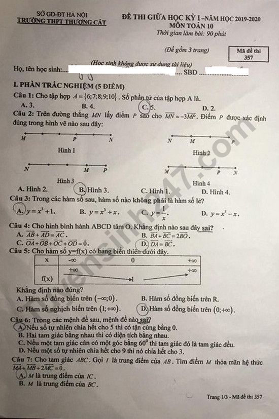 De thi giua hoc ki 1 mon Toan lop 10 - THPT Thuong Cat 2019