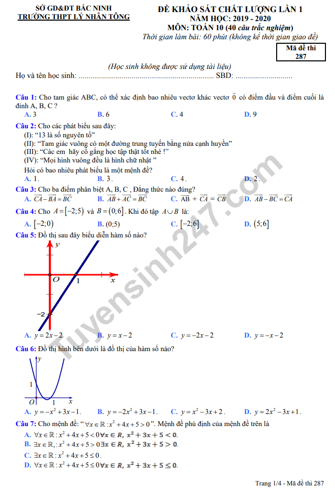 De thi giua ki 1 lop 10 mon Toan 2019 - THPT Ly Nhan Tong