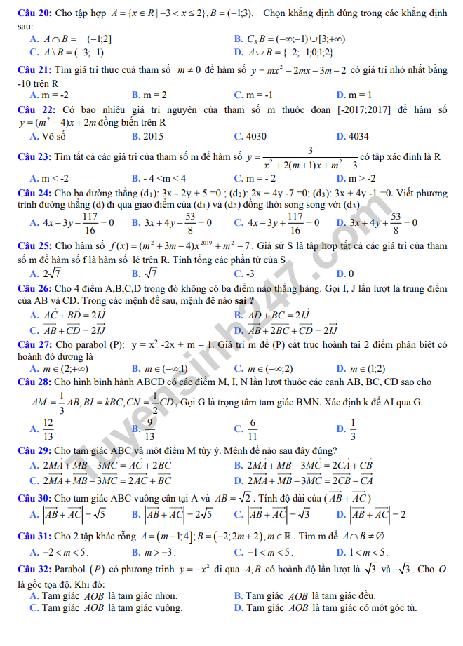 De thi giua ki 1 lop 10 mon Toan 2019 - THPT Ly Nhan Tong