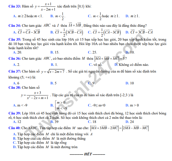 De thi giua ki 1 lop 10 mon Toan 2019 - THPT Ly Nhan Tong