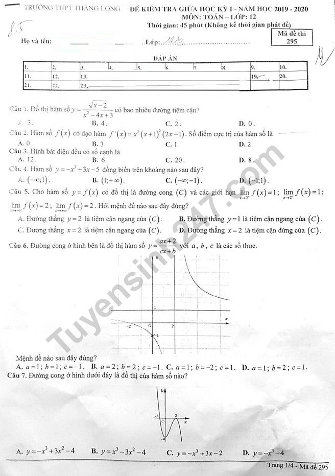 De thi giua ki 1 lop 12 mon Toan - THPT Thang Long 2019