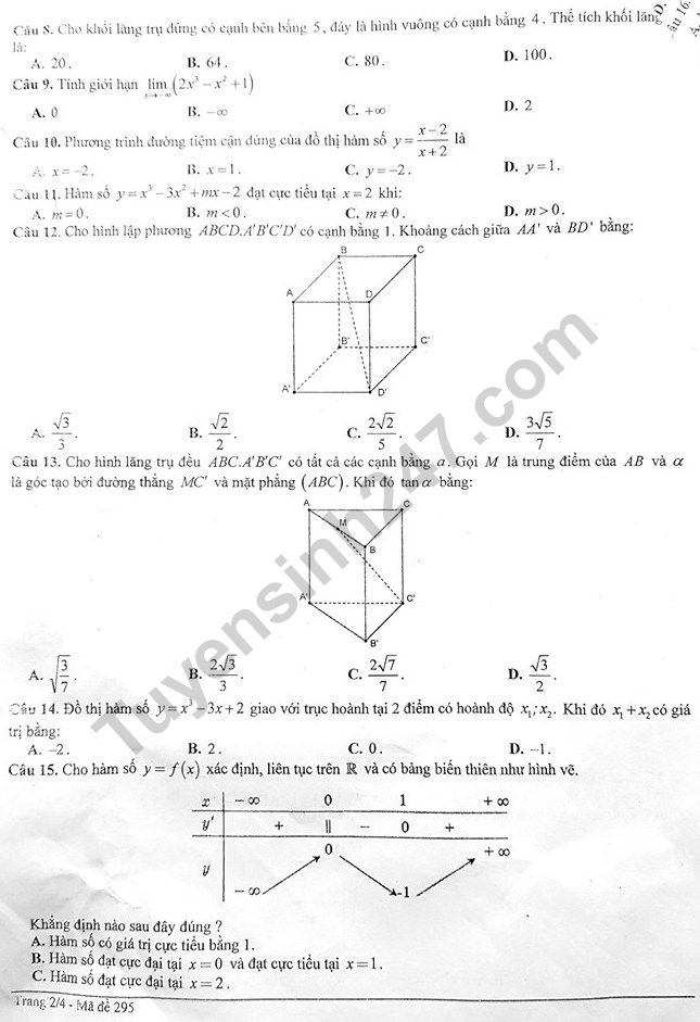 De thi giua ki 1 lop 12 mon Toan - THPT Thang Long 2019