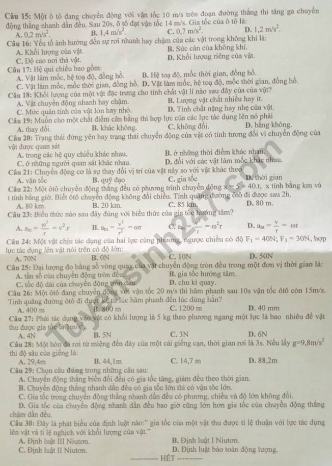 De thi giua ki 1 lop 10 mon Ly 2019 - THPT Kiem Tan