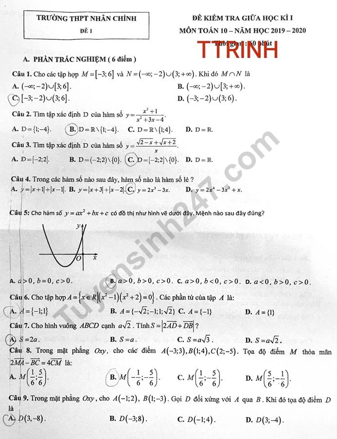 De thi giua ki 1 lop 10 mon Toan THPT Nhan Chinh 2019