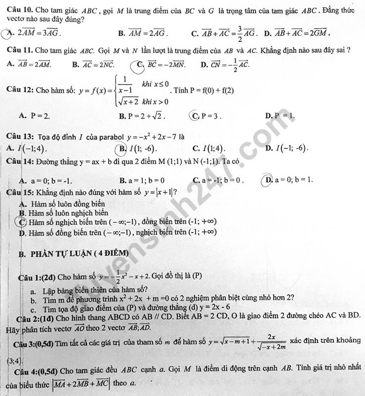 De thi giua ki 1 lop 10 mon Toan THPT Nhan Chinh 2019