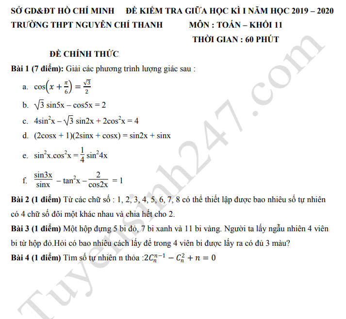 De thi giua ki 1 lop 11 mon Toan THPT Nguyen Chi Thanh 2019