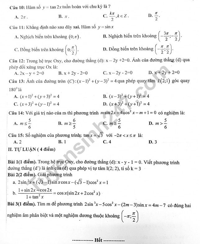 De thi giua ki 1 lop 11 mon Toan THPT Nhan Chinh 2019