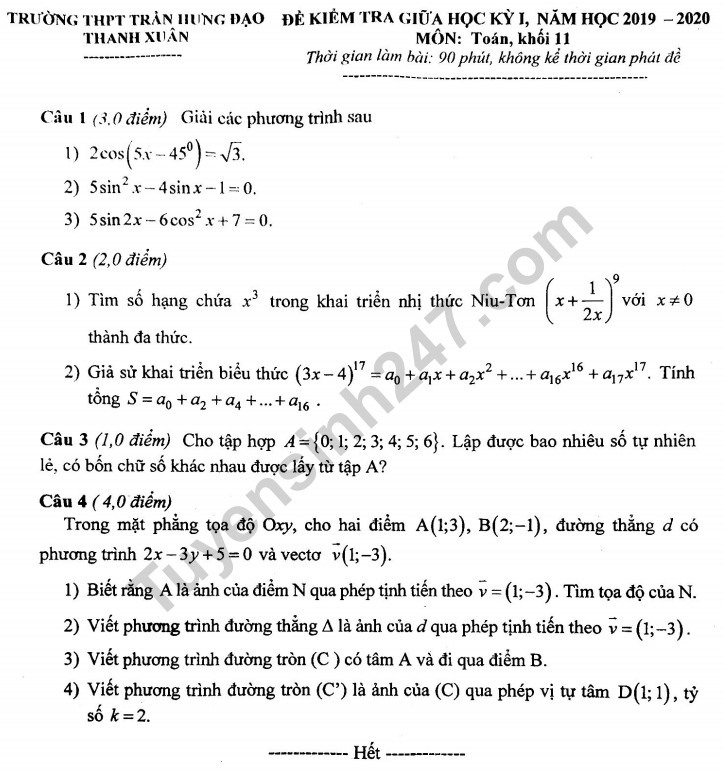 De thi giua ki 1 lop 11 mon Toan 2019 - 2020 THPT Tran Hung Dao