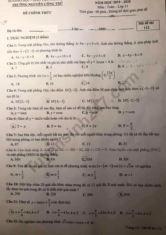 De thi giua ki 1 lop 11 mon Toan 2019 - THPT Nguyen Cong Tru, ND