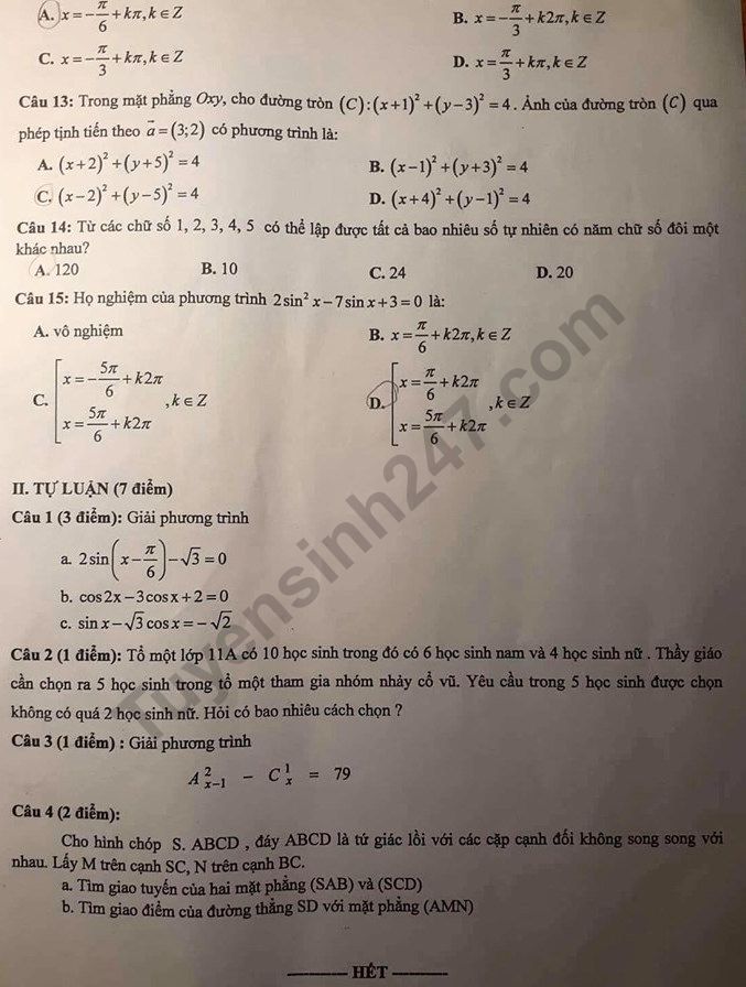 De thi giua ki 1 lop 11 mon Toan 2019 - THPT Nguyen Cong Tru, ND