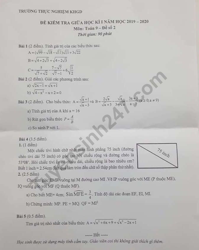 De thi giua hoc ki 1 lop 9 mon Toan 2019 - Thuc nghiem KHGD