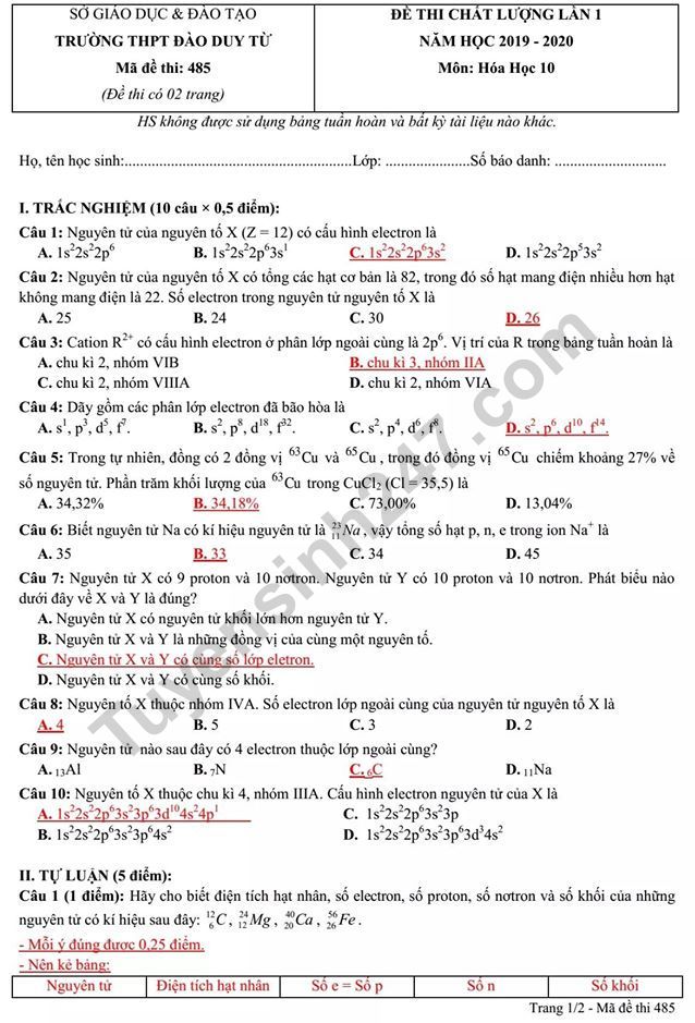 De thi giua ki 1 lop 10 mon Hoa 2019 - THPT Dao Duy Tu