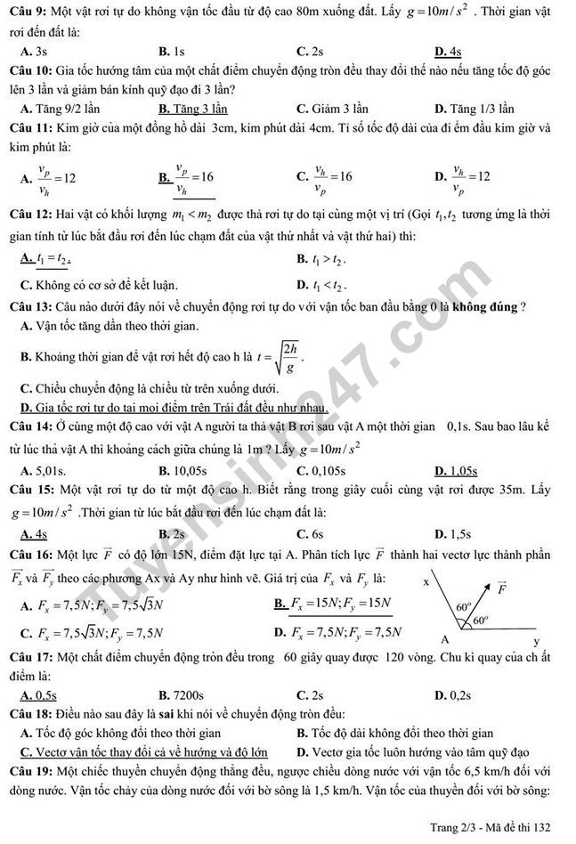 De thi giua ki 1 mon Ly lop 10 THPT Dao Duy Tu 2019