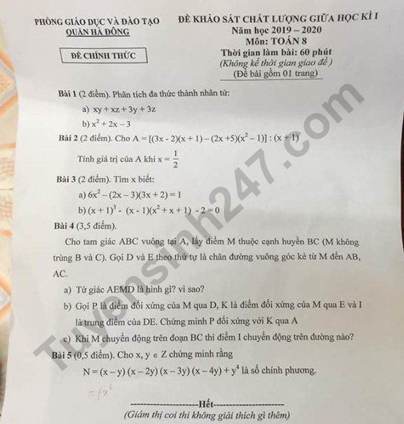 De thi giua ki 1 lop 8 mon Toan 2019 - Quan Ha Dong