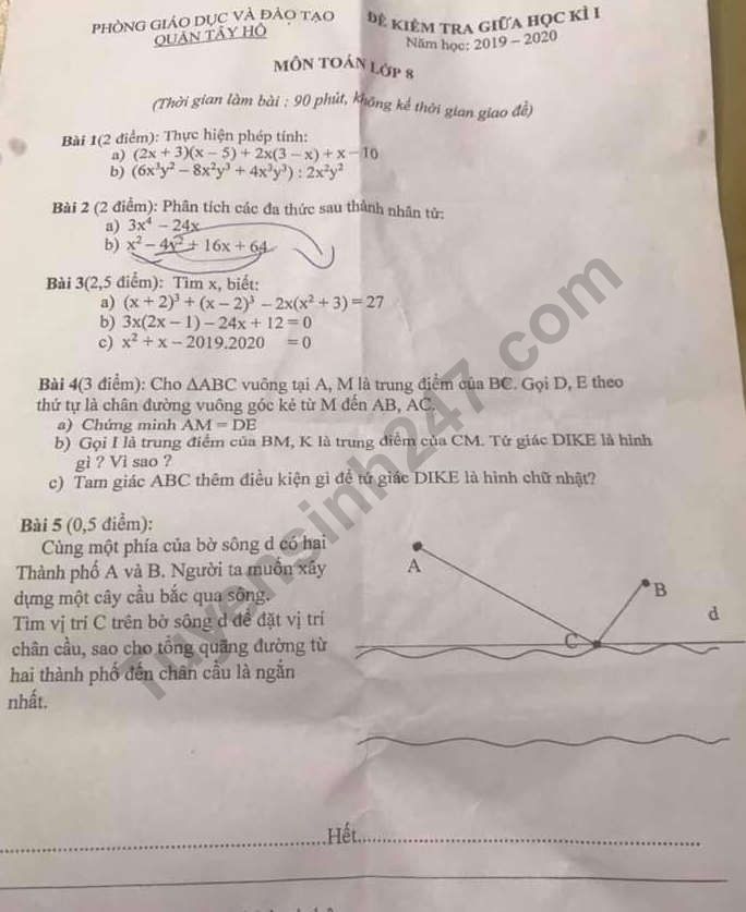 De thi giua ki 1 mon Toan lop 8 - Quan Tay Ho 2019