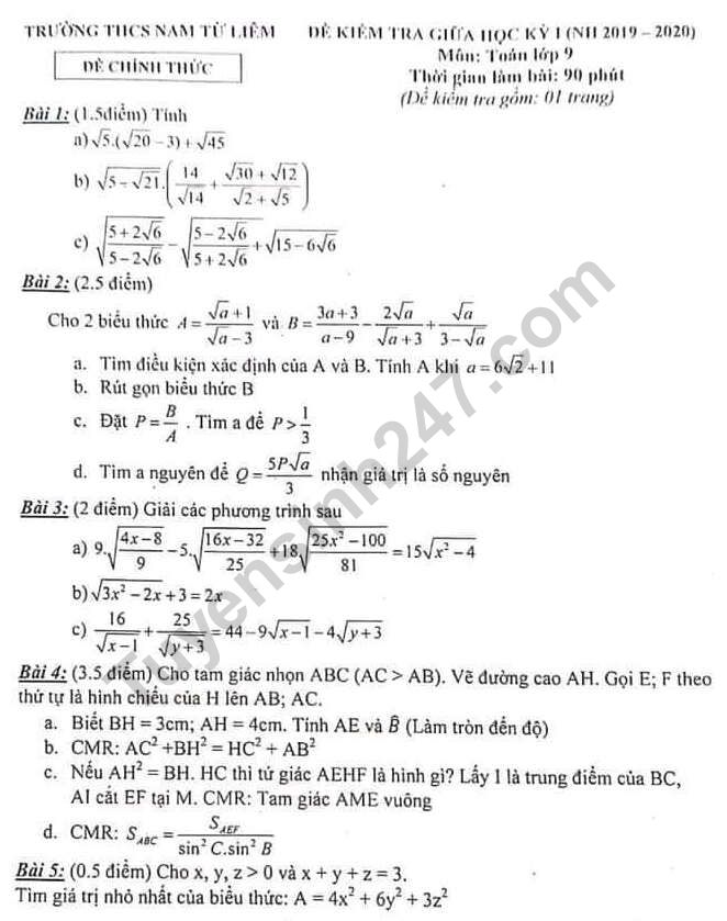 De thi giua ki 1 lop 9 mon Toan 2019 - THCS Nam Tu Liem
