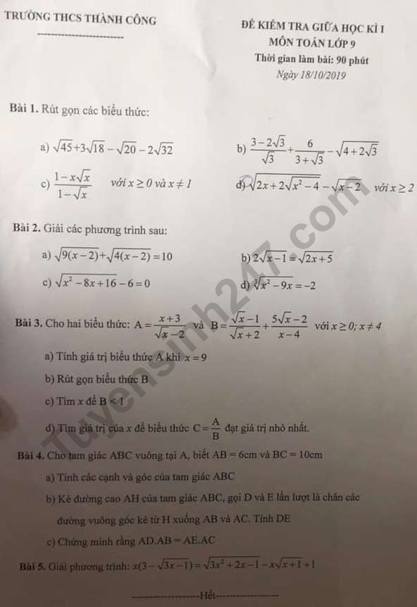 De thi giua ki 1 lop 9 mon Toan - THCS Thanh Cong 2019