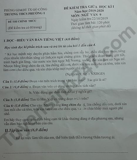 De thi giua ki 1 lop 9 mon Van - THCS Phuong 1 nam 2019