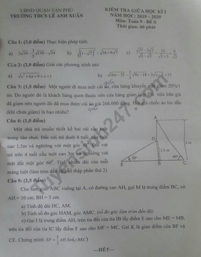 De thi giua ki 1 lop 9 mon Toan THCS Le Anh Xuan 2019