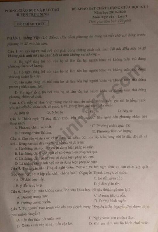 De thi giua ki 1 lop 9 mon Van - Huyen Truc Ninh 2019