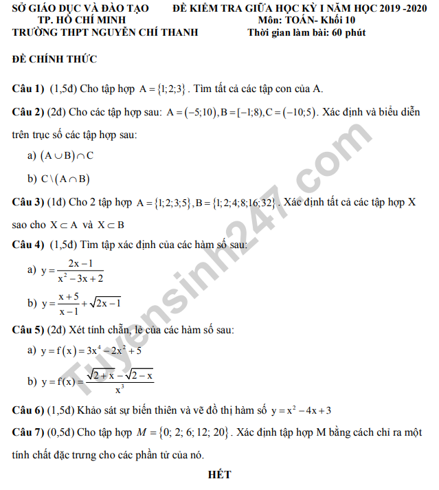 De thi giua ki 1 lop 10 mon Toan THPT Nguyen Chi Thanh 2019