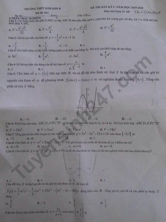 De thi giua ki 1 lop 12 mon Toan THPT Kim Son B 2019