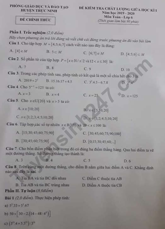 De thi giua ki 1 mon Toan lop 6 nam 2019 - Truc Ninh