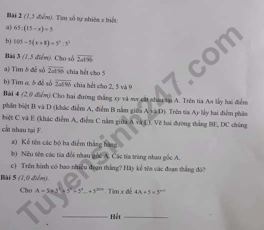 De thi giua ki 1 mon Toan lop 6 nam 2019 - Truc Ninh