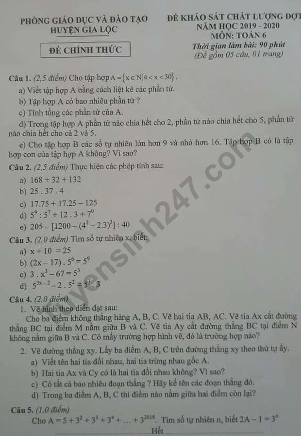 De thi giua ki 1 lop 6 mon Toan huyen Gia Loc 2019