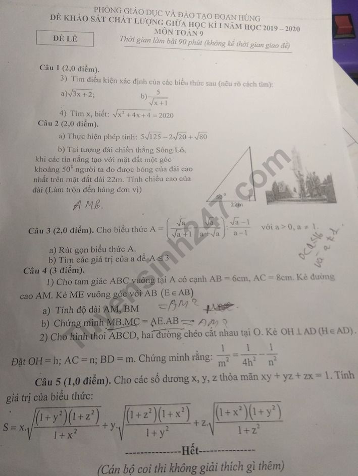 De thi giua ki 1 lop 9 mon Toan phong GD Doan Hung 2019