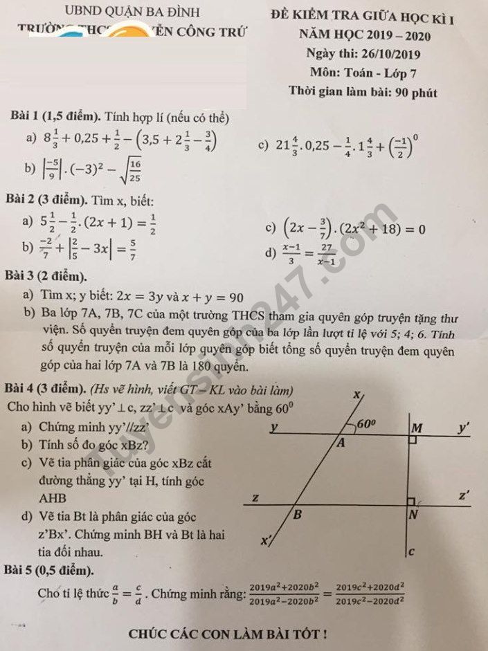 De thi giua ki 1 lop 7 mon Toan 2019 - 2020 THCS Nguyen Cong Tru