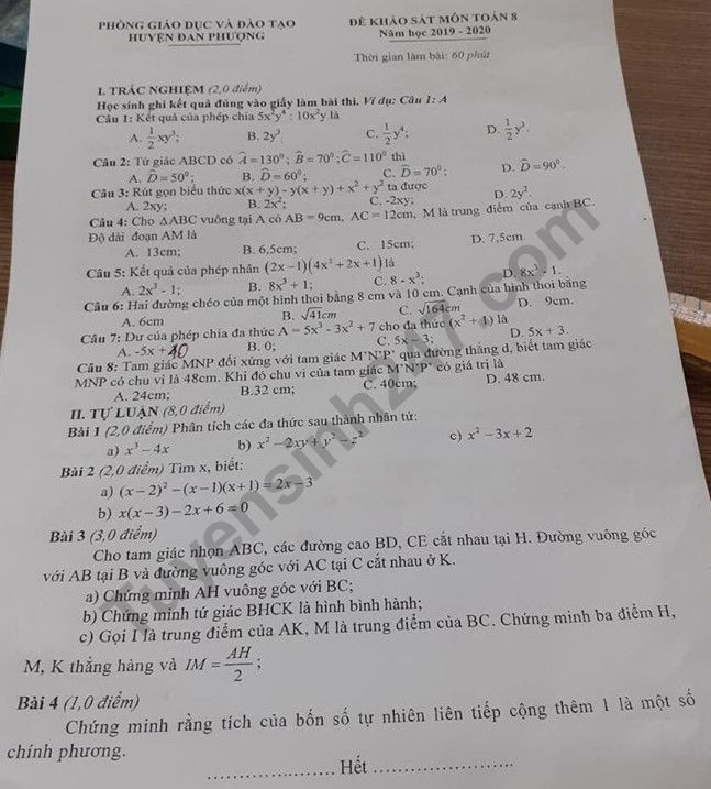 De thi giua ki 1 lop 8 mon Toan 2020 - huyen Dan Phuong