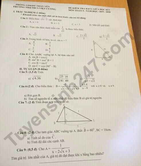De thi giua ki 1 mon Toan lop 9 THCS Viet Cuong 2019