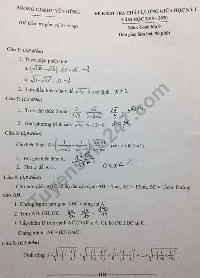 De thi giua ki 1 lop 9 mon Toan THCS Yen Dung 2019