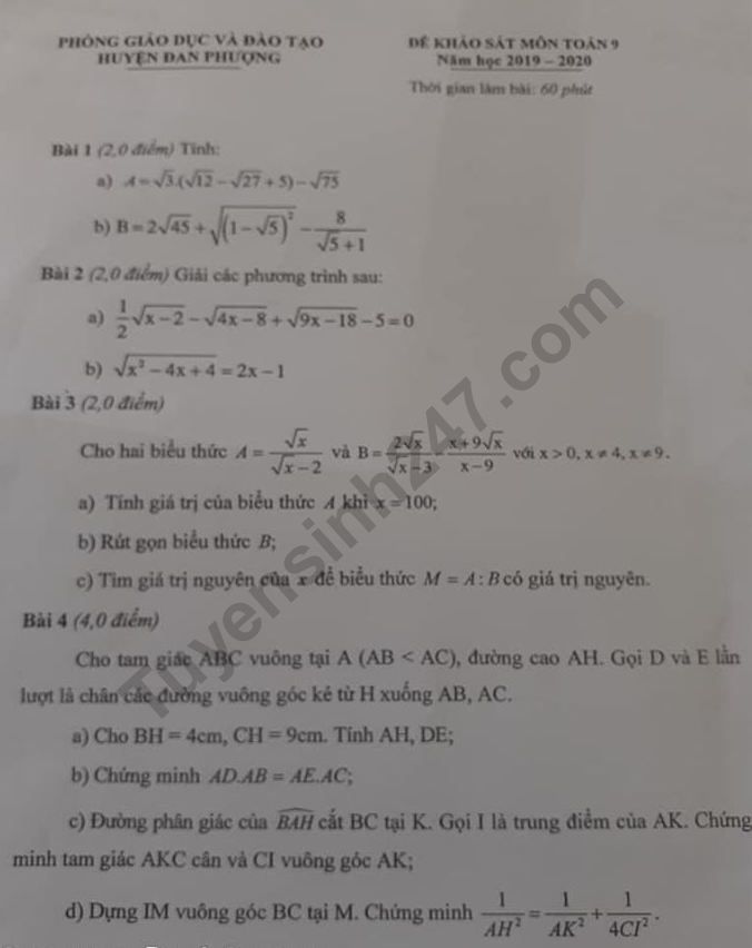 De thi giua ki 1 lop 9 mon Toan - Dan Phuong 2019