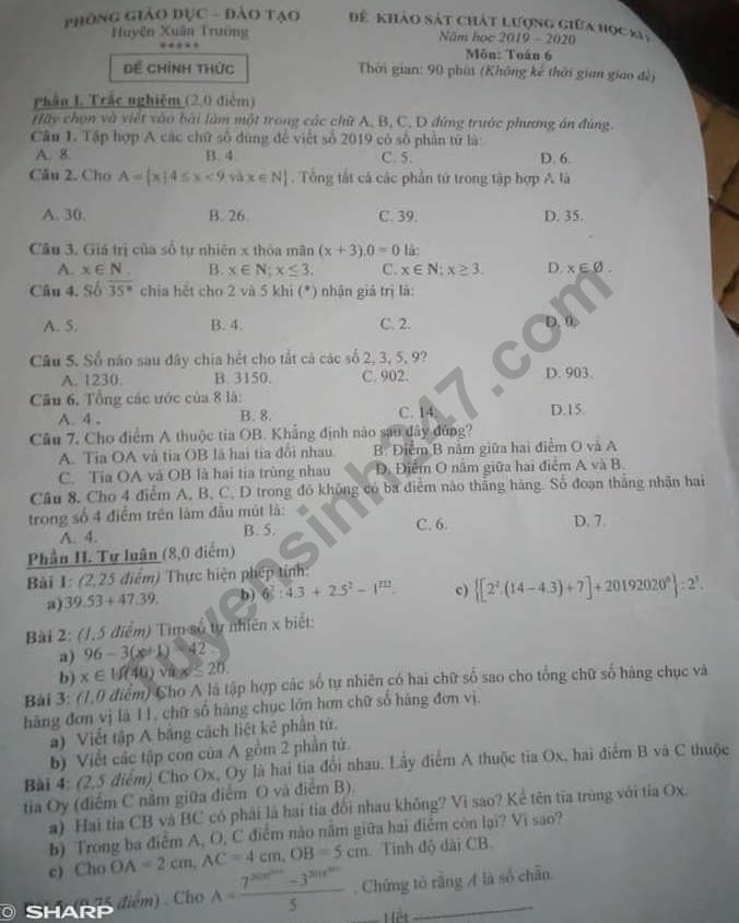 De thi giua ki 1 lop 6 mon Toan 2019 - huyen Xuan Truong