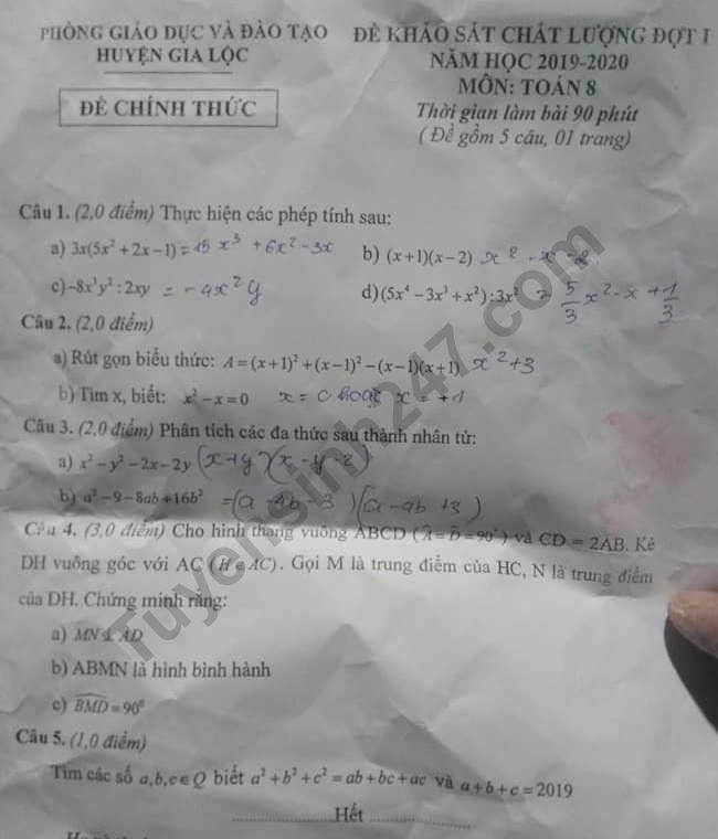 De thi giua ki 1 lop 8 mon Toan 2019 - huyen Gia Loc