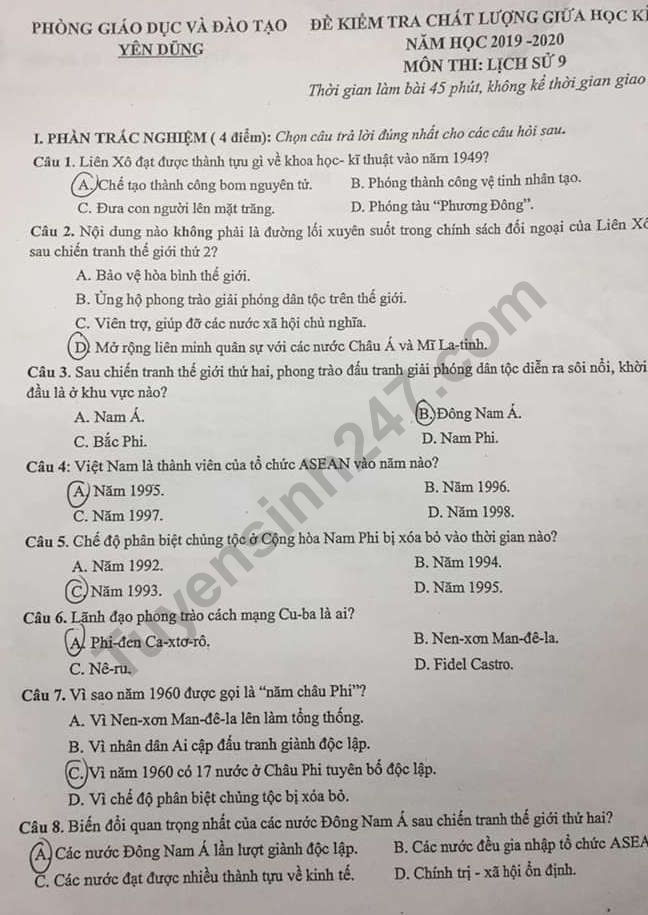 De thi giua ki 1 lop 9 mon Su 2019 - Phong GD Yen Dung