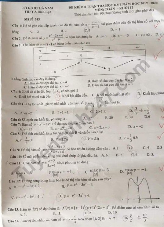 De thi giua ki 1 mon Toan lop 12 THPT A Binh Luc 2019