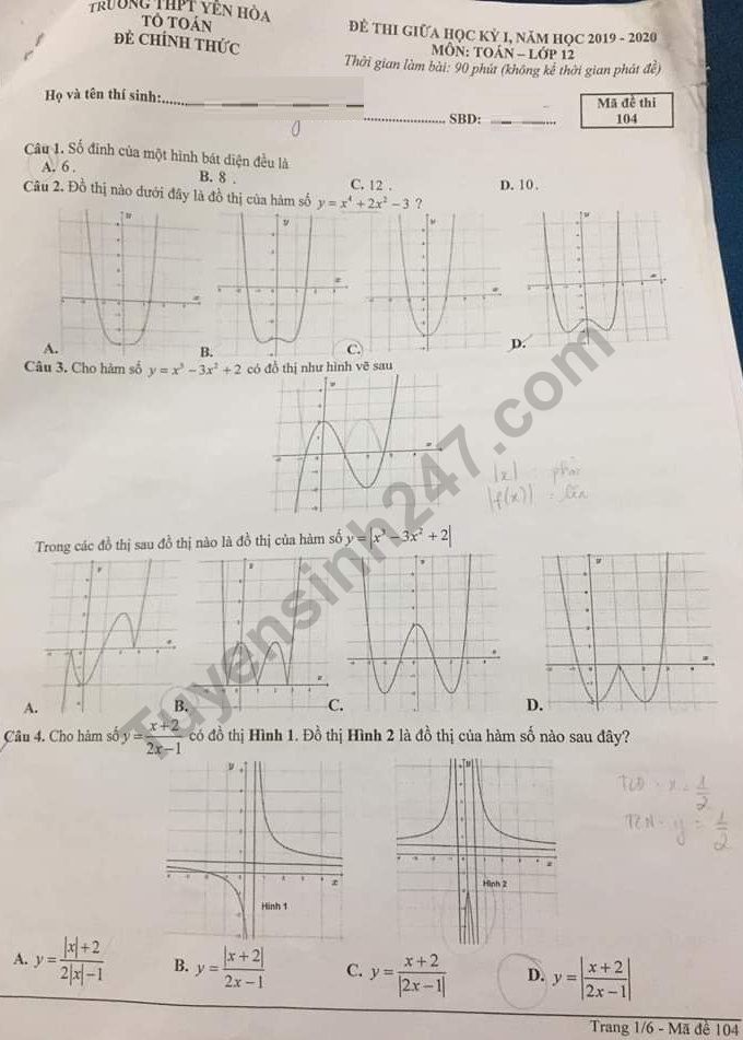 De thi giua ki 1 lop 12 mon Toan THPT Yen Hoa 2019